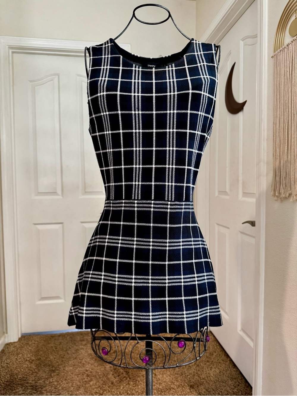 Theory Black, Navy & White Plaid Sleeveless Peplum Top